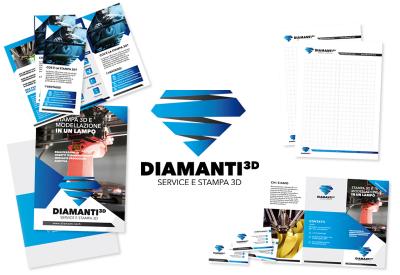 Studio coordinato aziendale Diamanti 3D (logo, biglietto da visita, brochure, cartellette, block notes, vetrofanie)